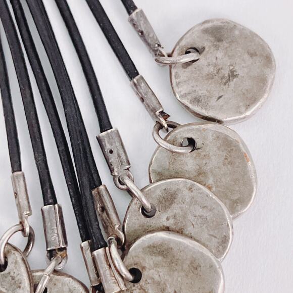 Chunky Chico’s Brutalist Statement Necklace Silver Tone Geometric Coin Tassels - Picture 4 of 14